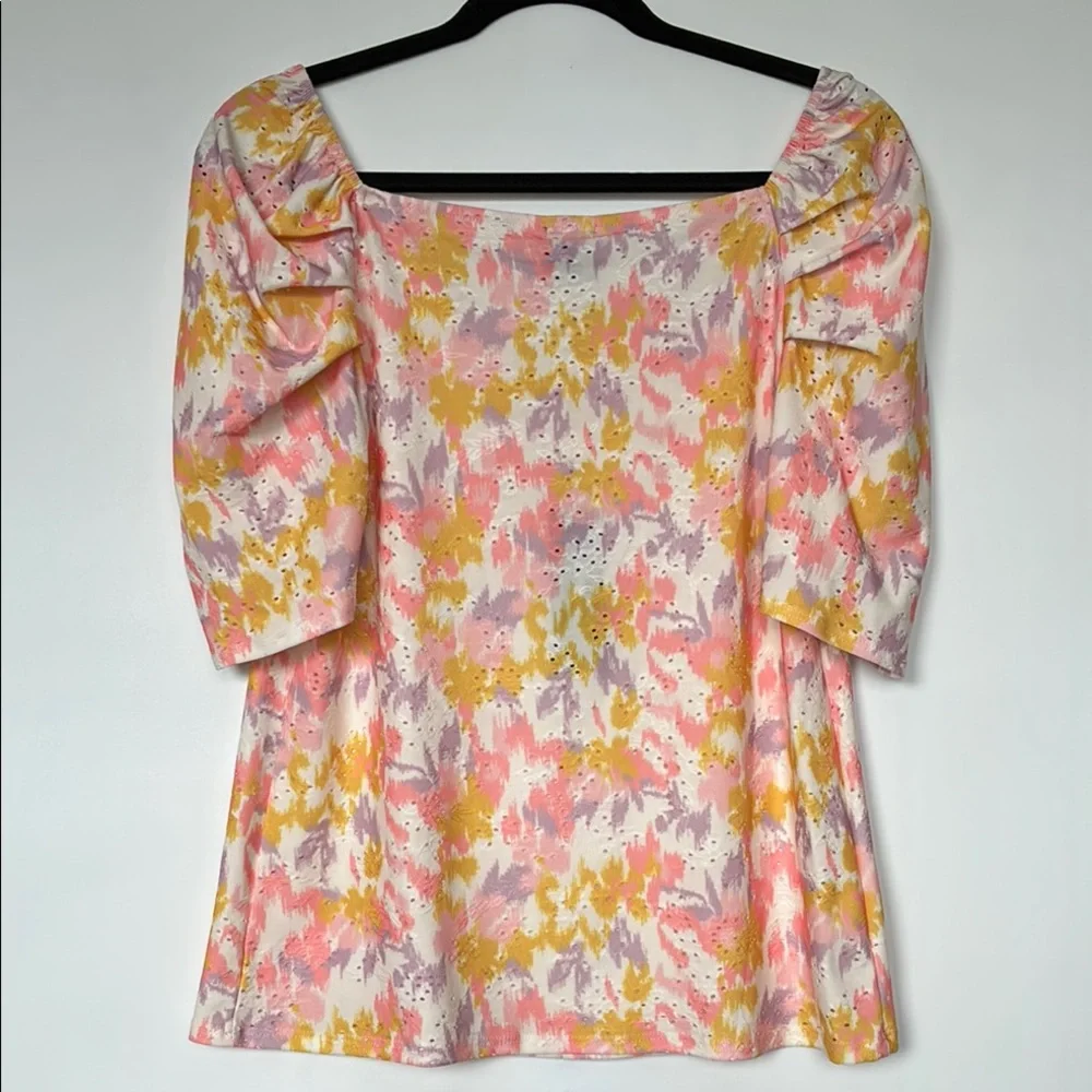 W5 by Anthropologie Women's Pink and Yellow Puff Sleeve Blouse Top
